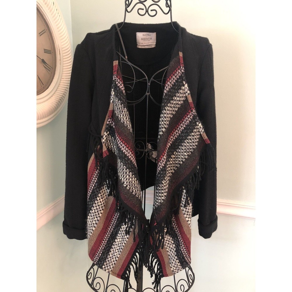 BERSHKA M Black Waterfall Open Cardigan Jumper‎ Sweater Medium Tassles